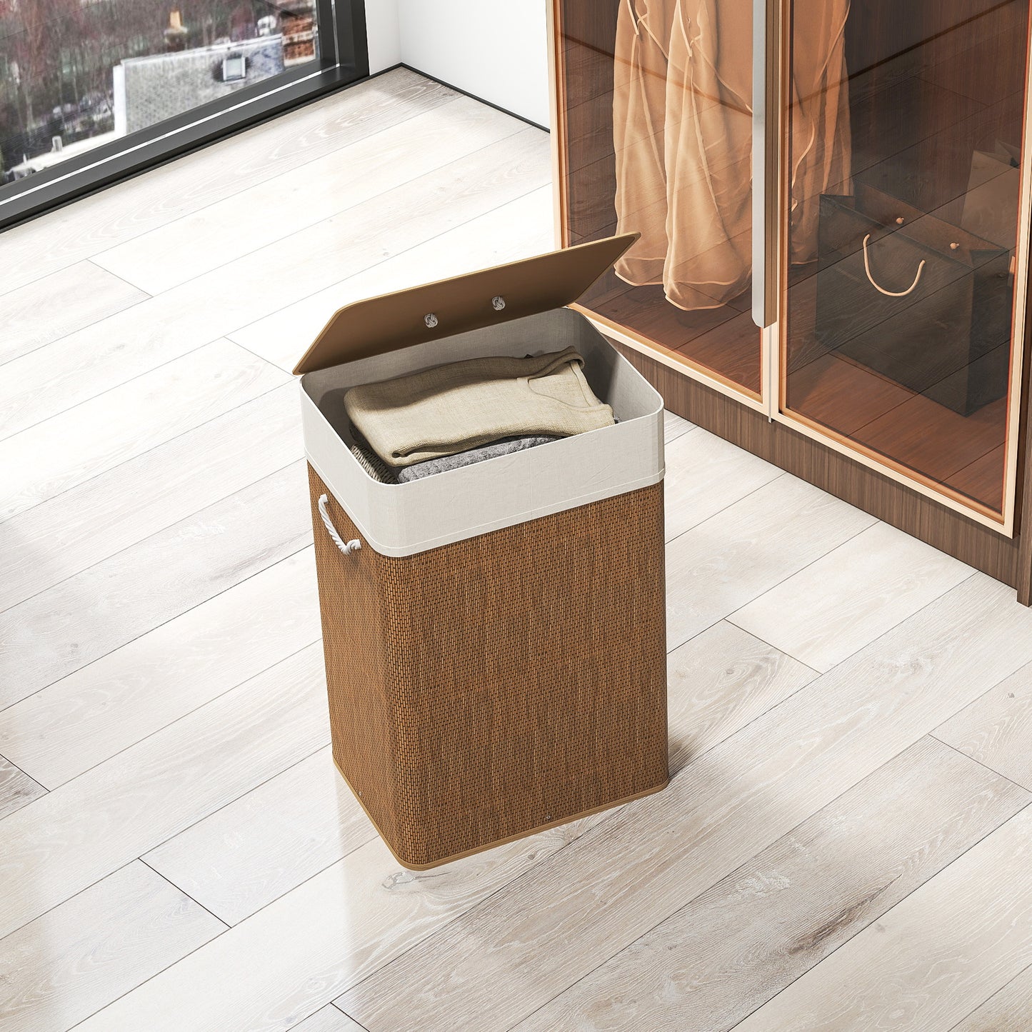 Bamboo Laundry Basket with Lid, 72L Capacity, Brown