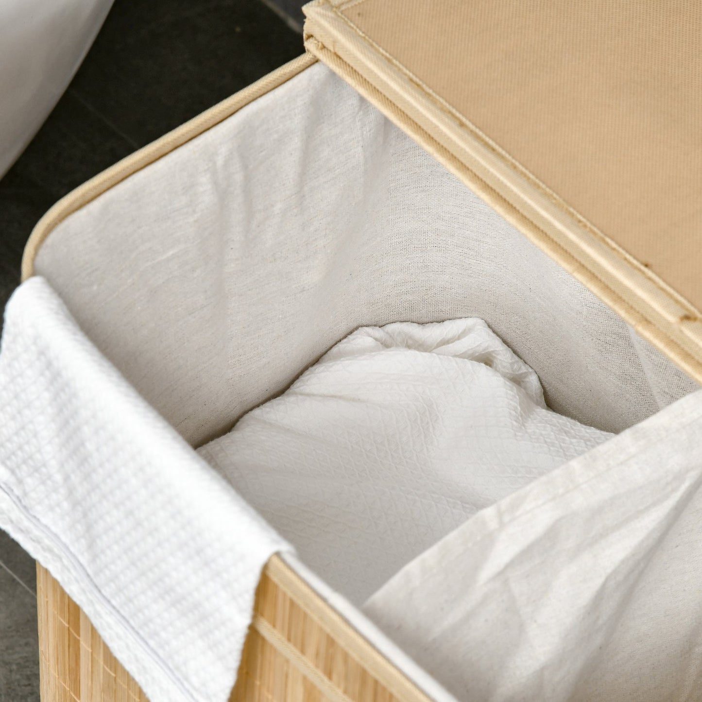 Bamboo laundry basket with lid and 2 compartments, 90L