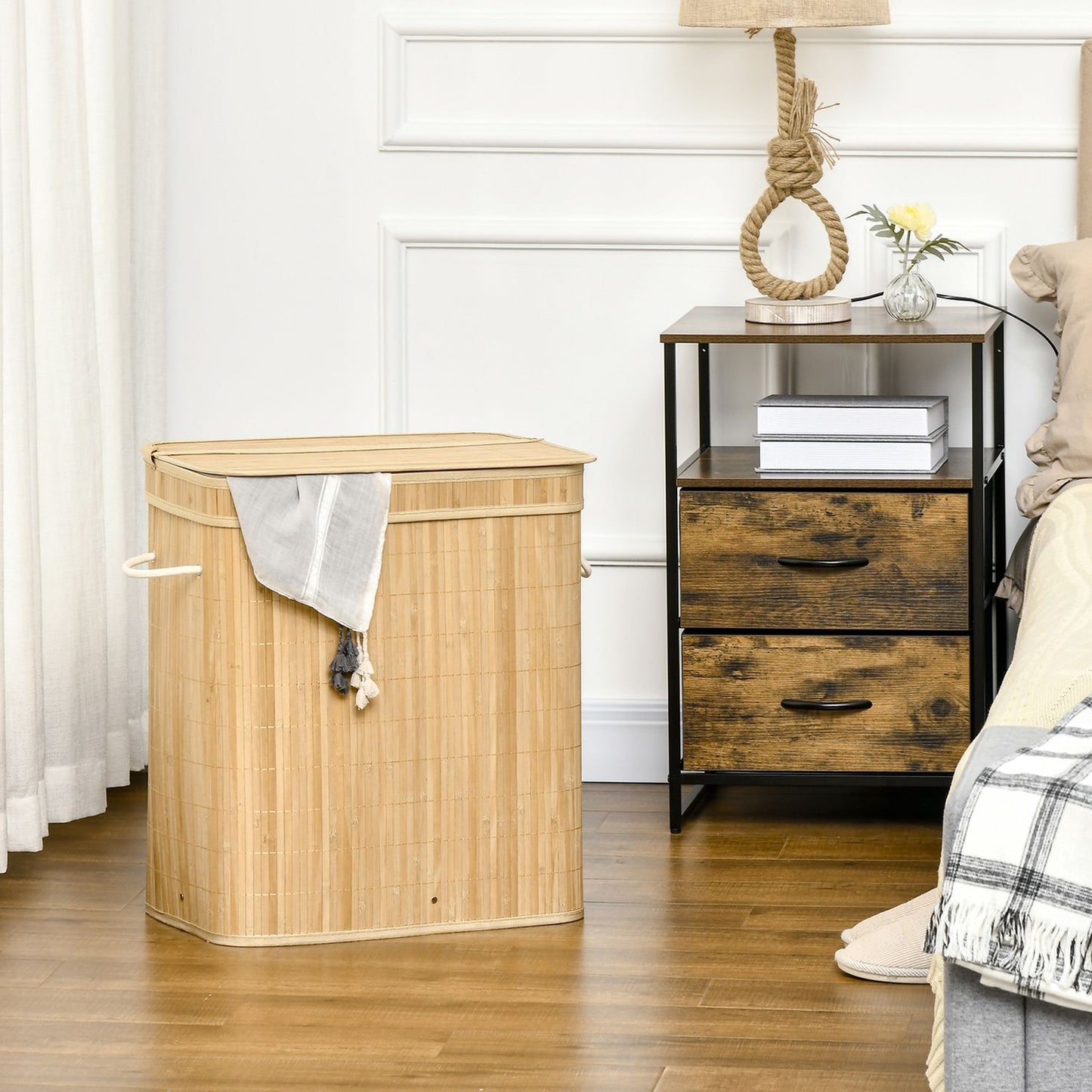 Bamboo laundry basket with lid and 2 compartments, 90L
