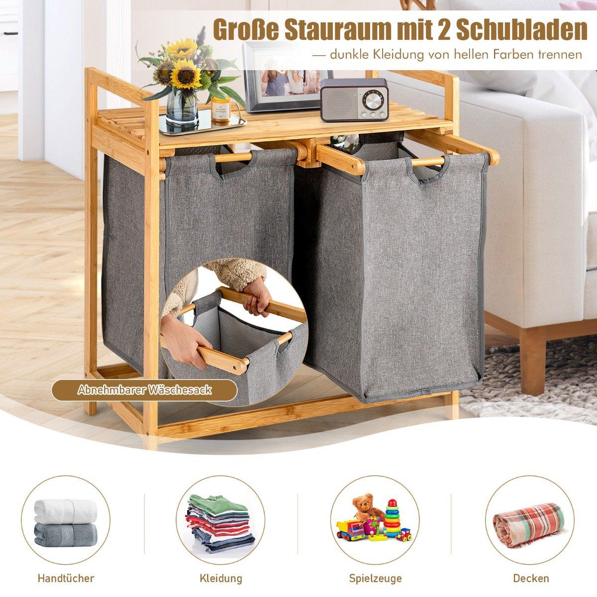 Bamboo laundry basket with two compartments 2-part laundry basket 64 x 33 x 73 cm Natural