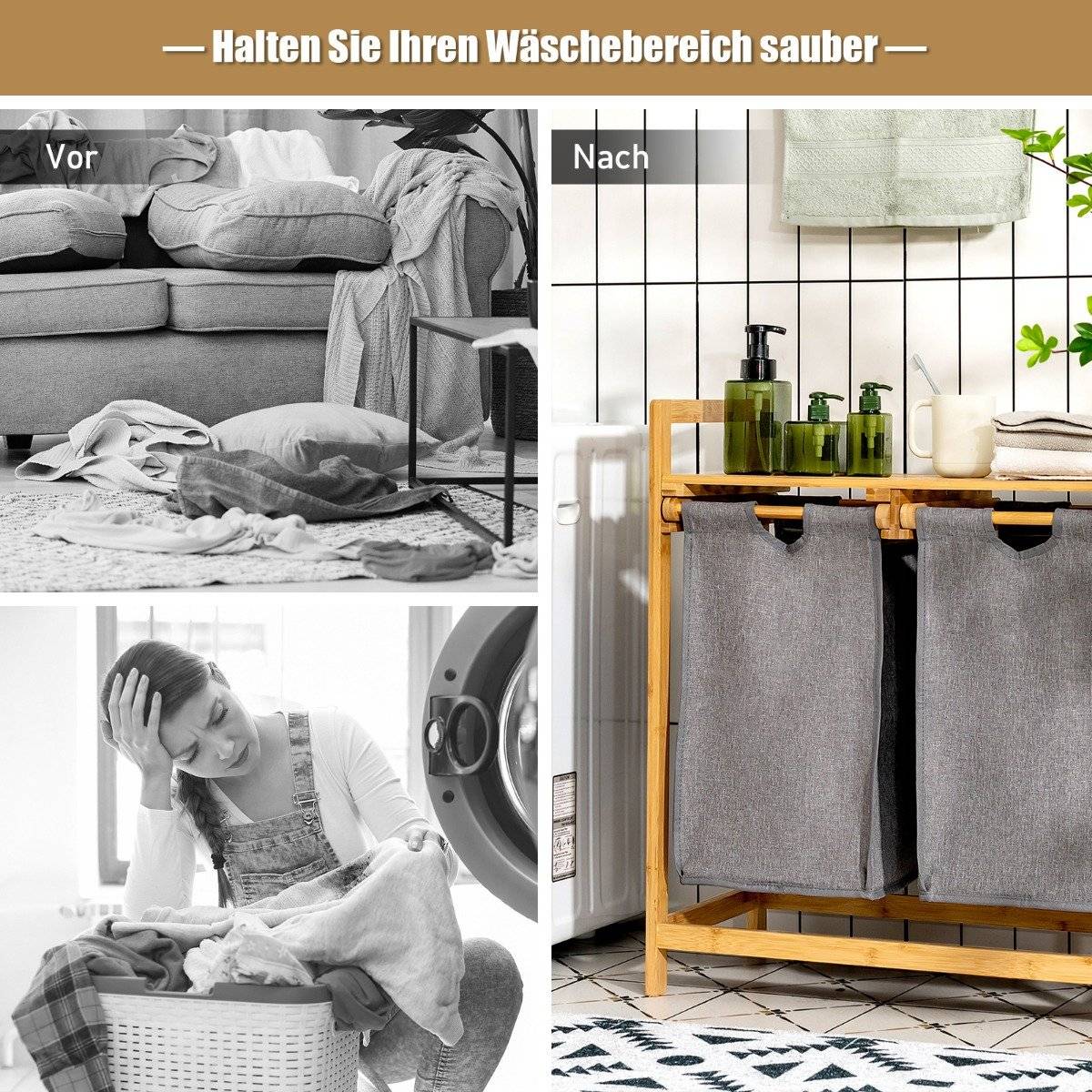 Bamboo laundry basket with two compartments 2-part laundry basket 64 x 33 x 73 cm Natural