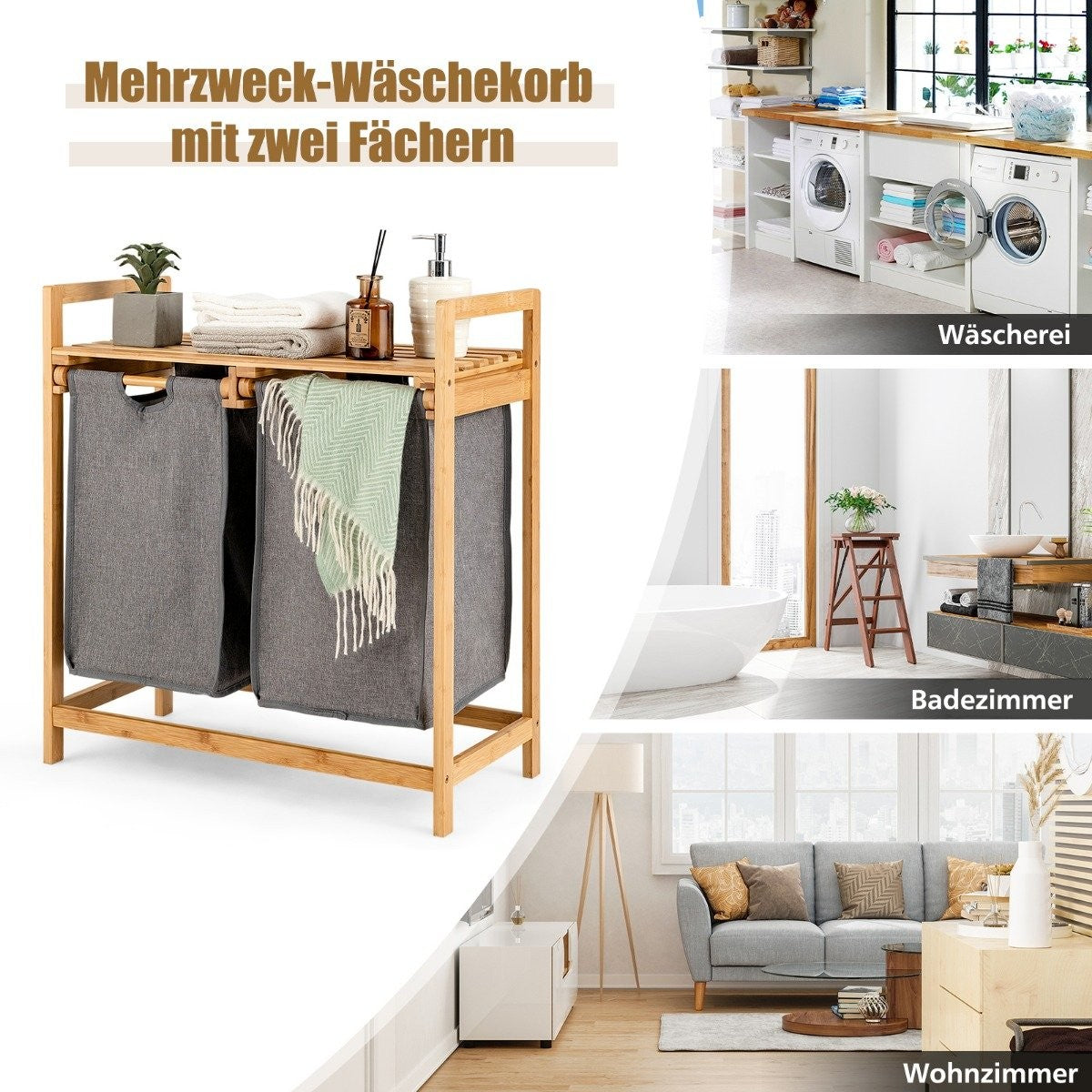 Bamboo laundry basket with two compartments 2-part laundry basket 64 x 33 x 73 cm Natural