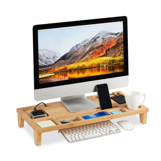 Bamboo monitor stand with 8 compartments