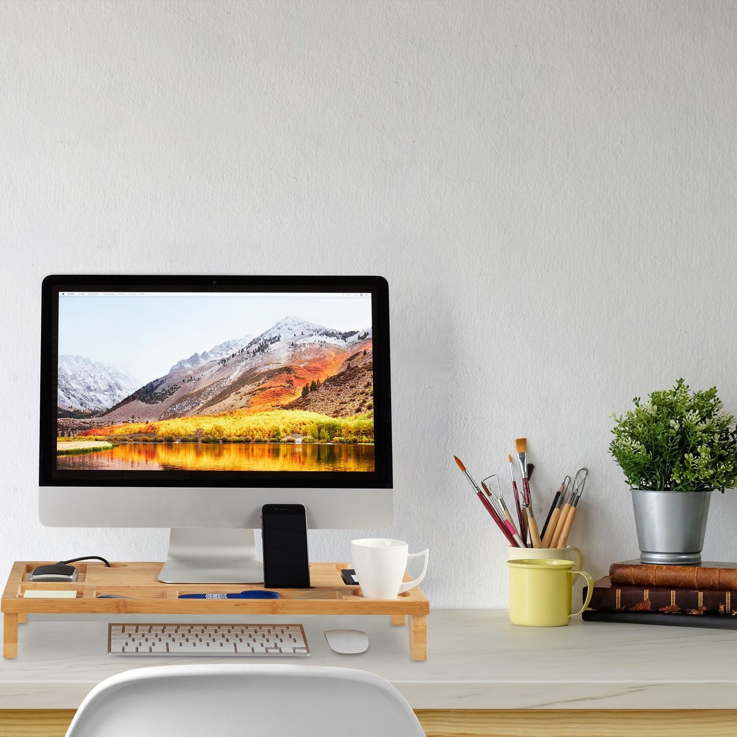 Bamboo monitor stand with 8 compartments