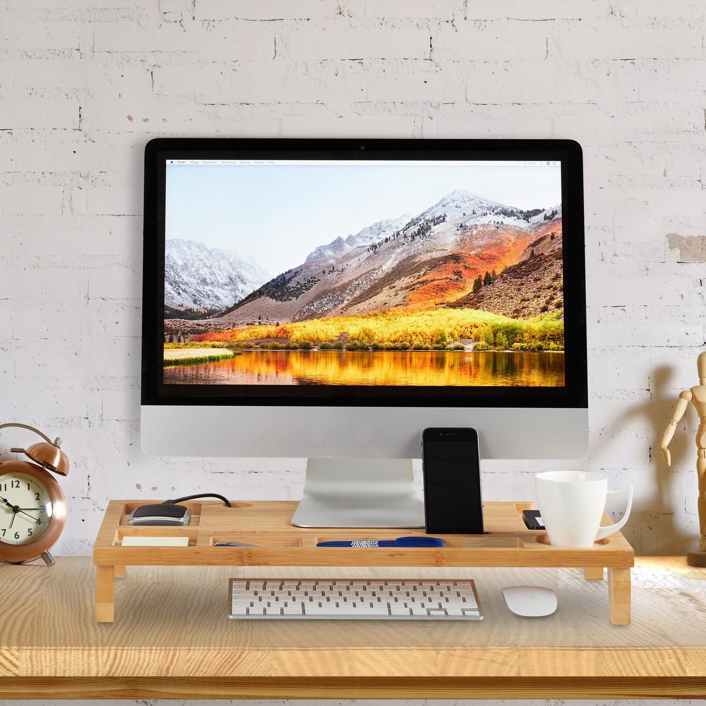 Bamboo monitor stand with 8 compartments