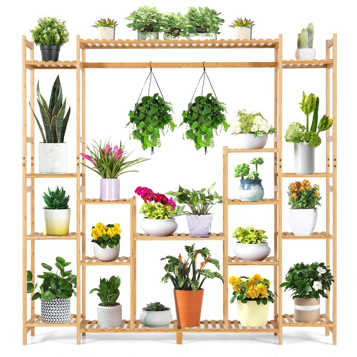 Bamboo plant shelf with 9 levels & hanging frame, standing shelf, room divider, flower shelf, 167 x 30 x 166 cm