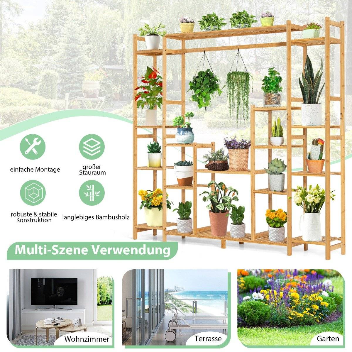 Bamboo plant shelf with 9 levels & hanging frame, standing shelf, room divider, flower shelf, 167 x 30 x 166 cm