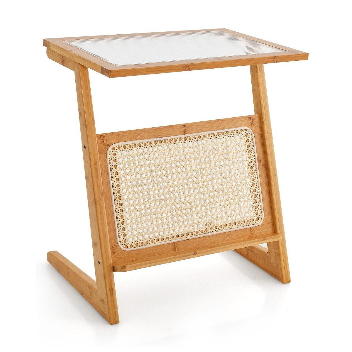 Bamboo side table with rattan magazine holder & glass top Z-shaped coffee table sofa table