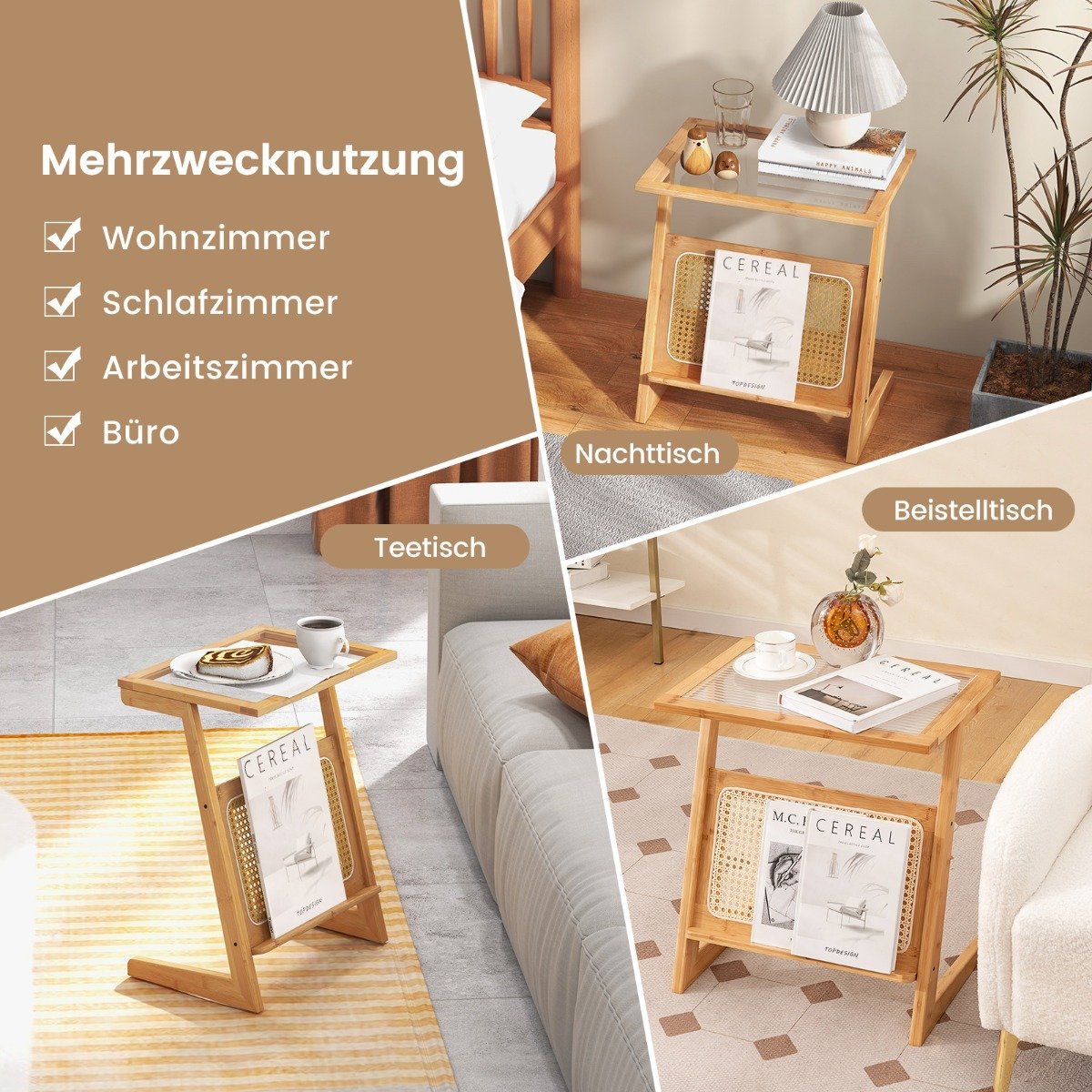 Bamboo side table with rattan magazine holder & glass top Z-shaped coffee table sofa table