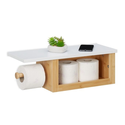 Bamboo toilet paper holder with shelf