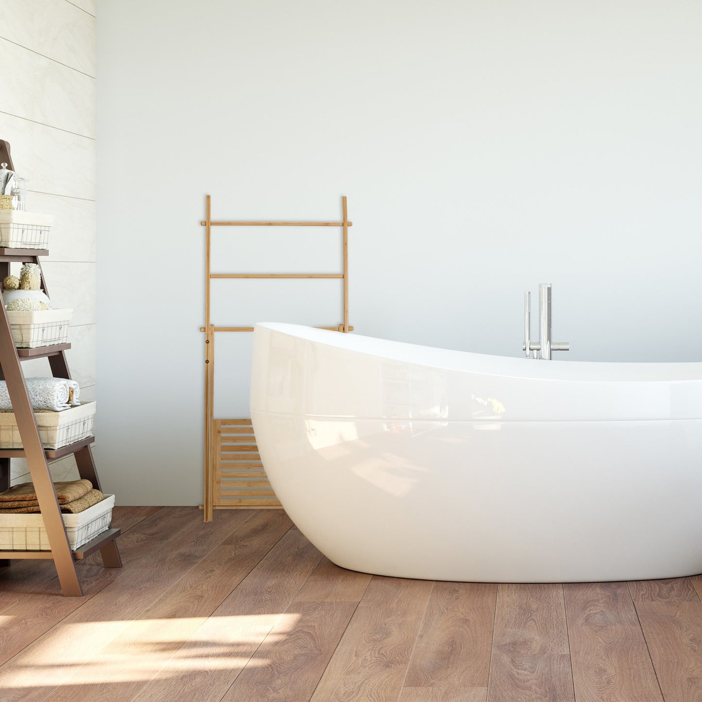 Bamboo towel ladder with shelf