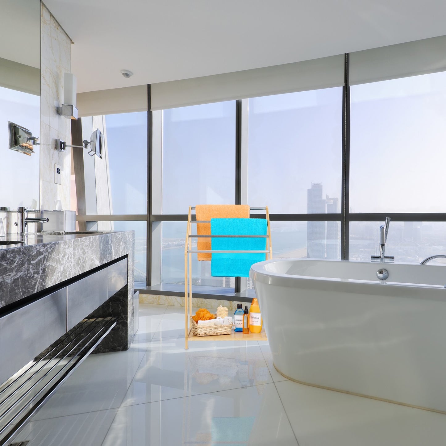 Bamboo towel rail with shelf