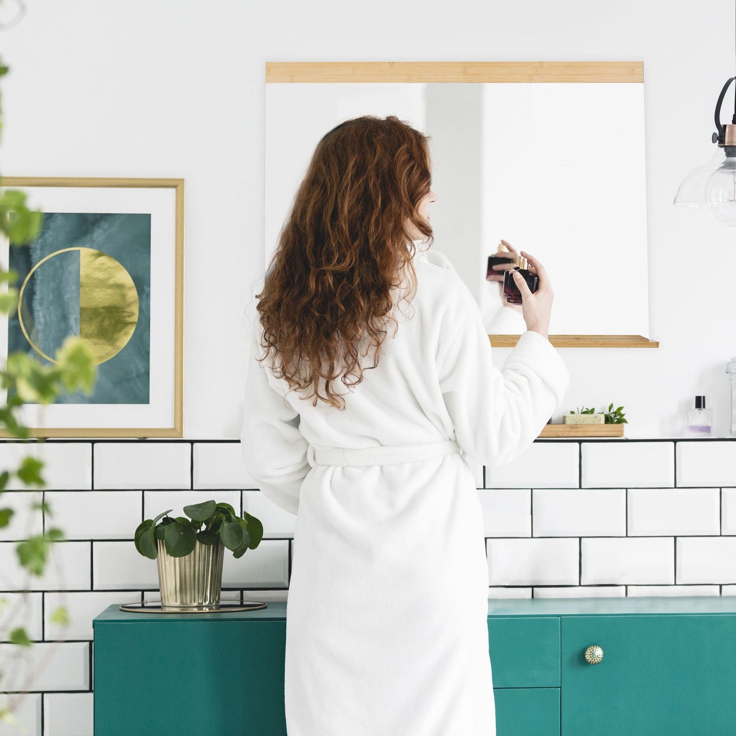 Bamboo wall mirror with shelf