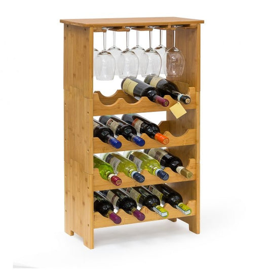 Bamboo wine rack 16 bottles + 12 glasses