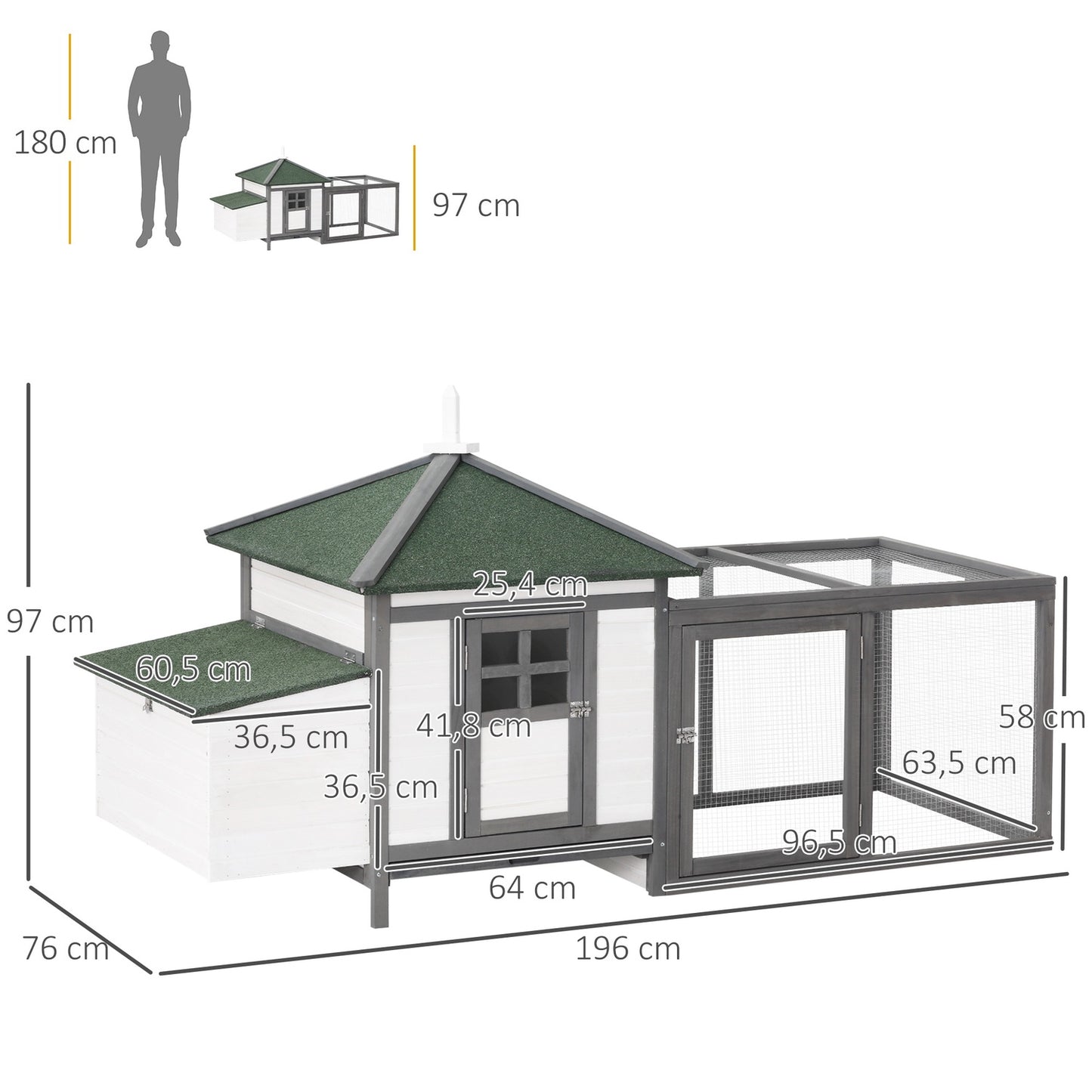 Winter-proof chicken house with run and nesting box, pine