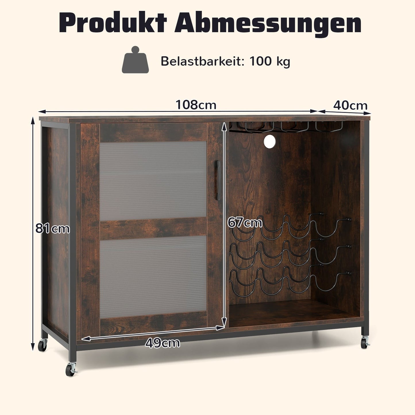 Bar Cabinet with LED Lights & Adjustable Shelves, Rustic Brown