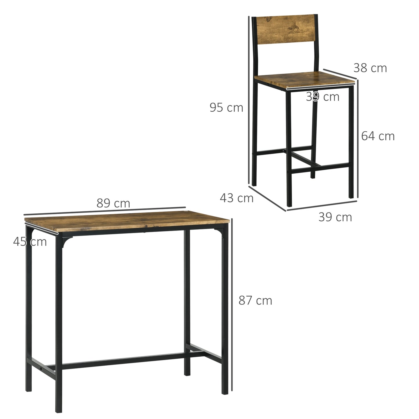 Bar Set with Table & 2 Stools, MDF & Metal, Brown