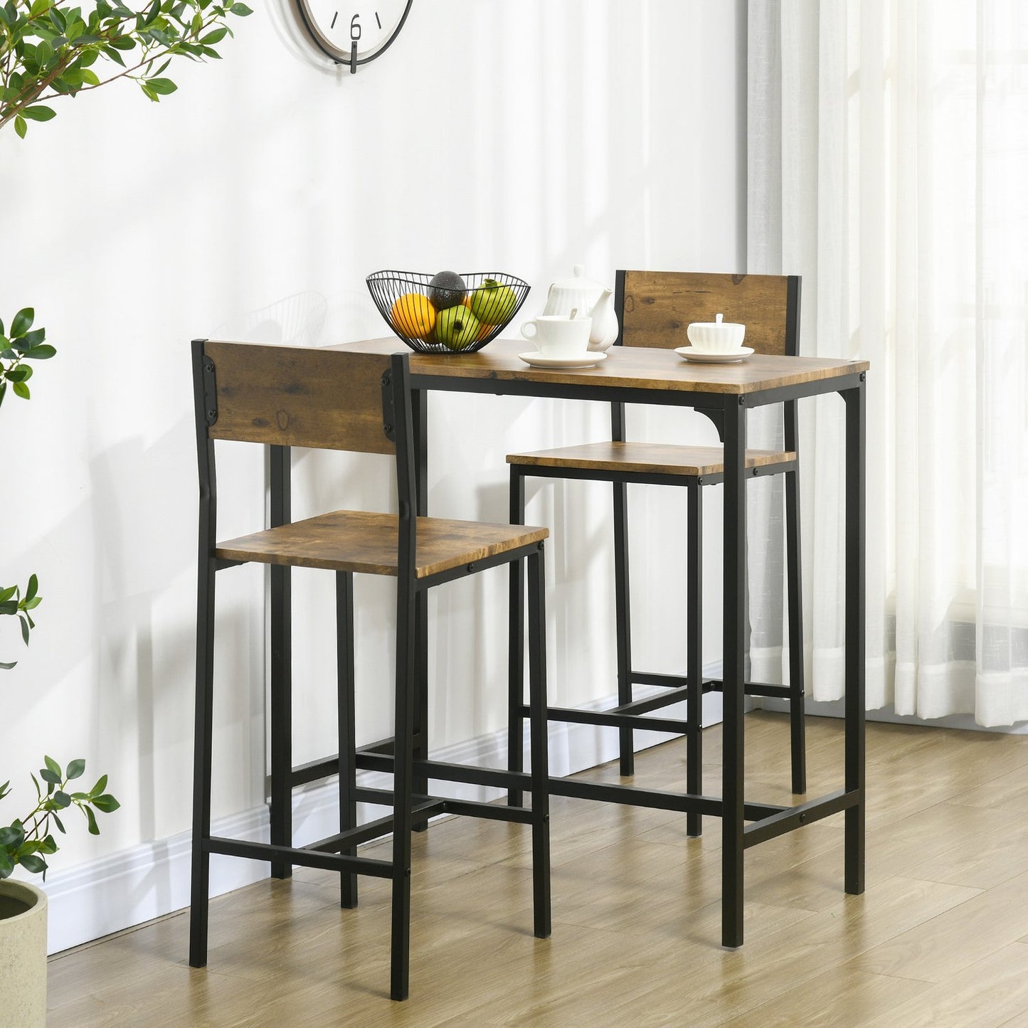 Bar Set with Table & 2 Stools, MDF & Metal, Brown
