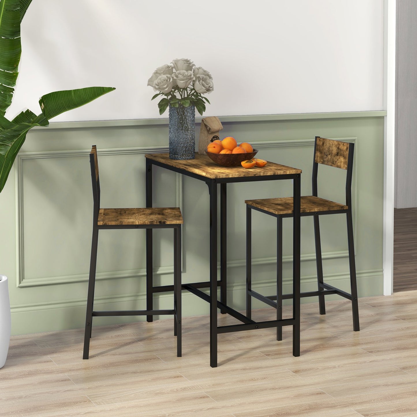 Bar Set with Table & 2 Stools, MDF & Metal, Brown