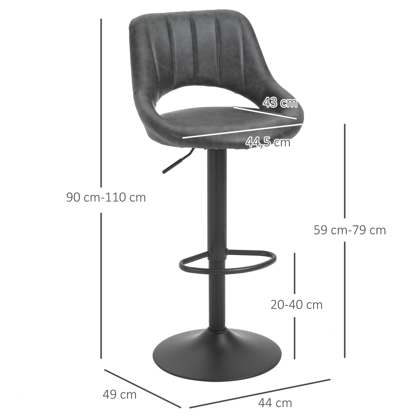 Adjustable barstools in gray leather look, set of 2 - swivel and metal frame