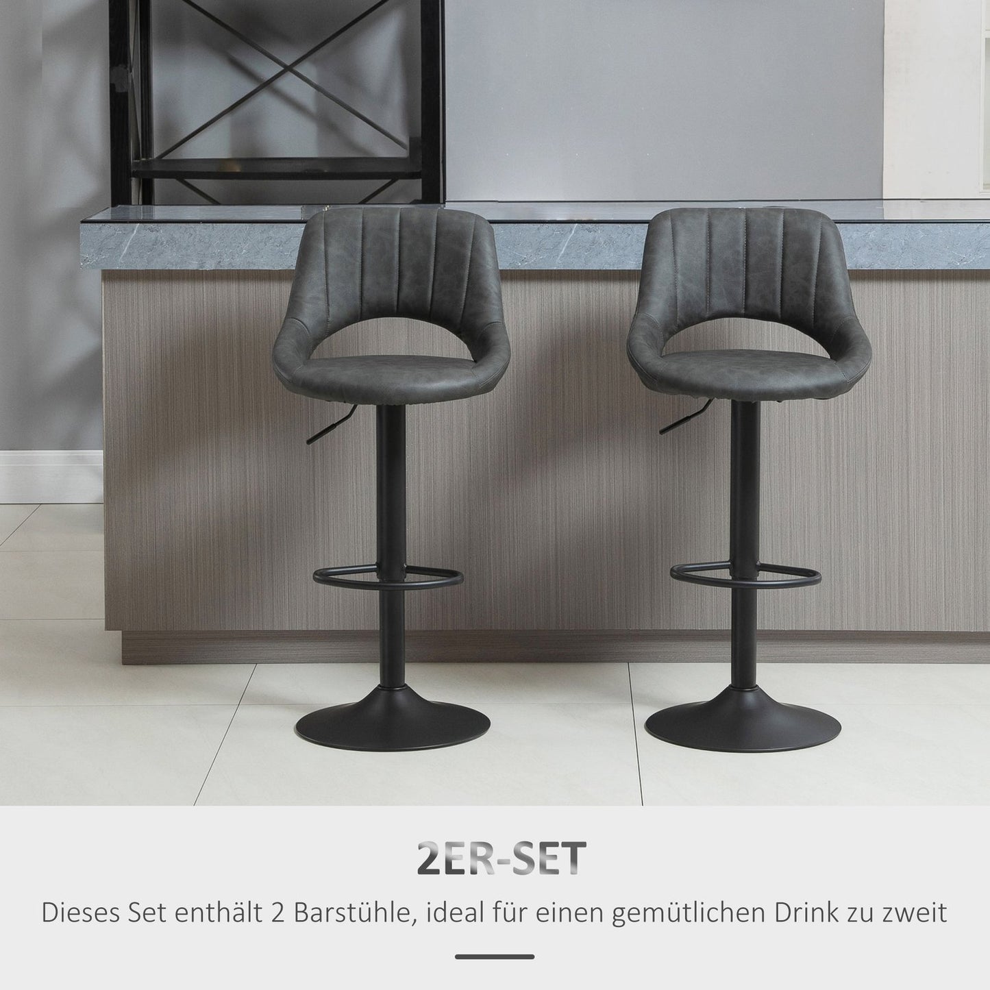 Adjustable barstools in gray leather look, set of 2 - swivel and metal frame