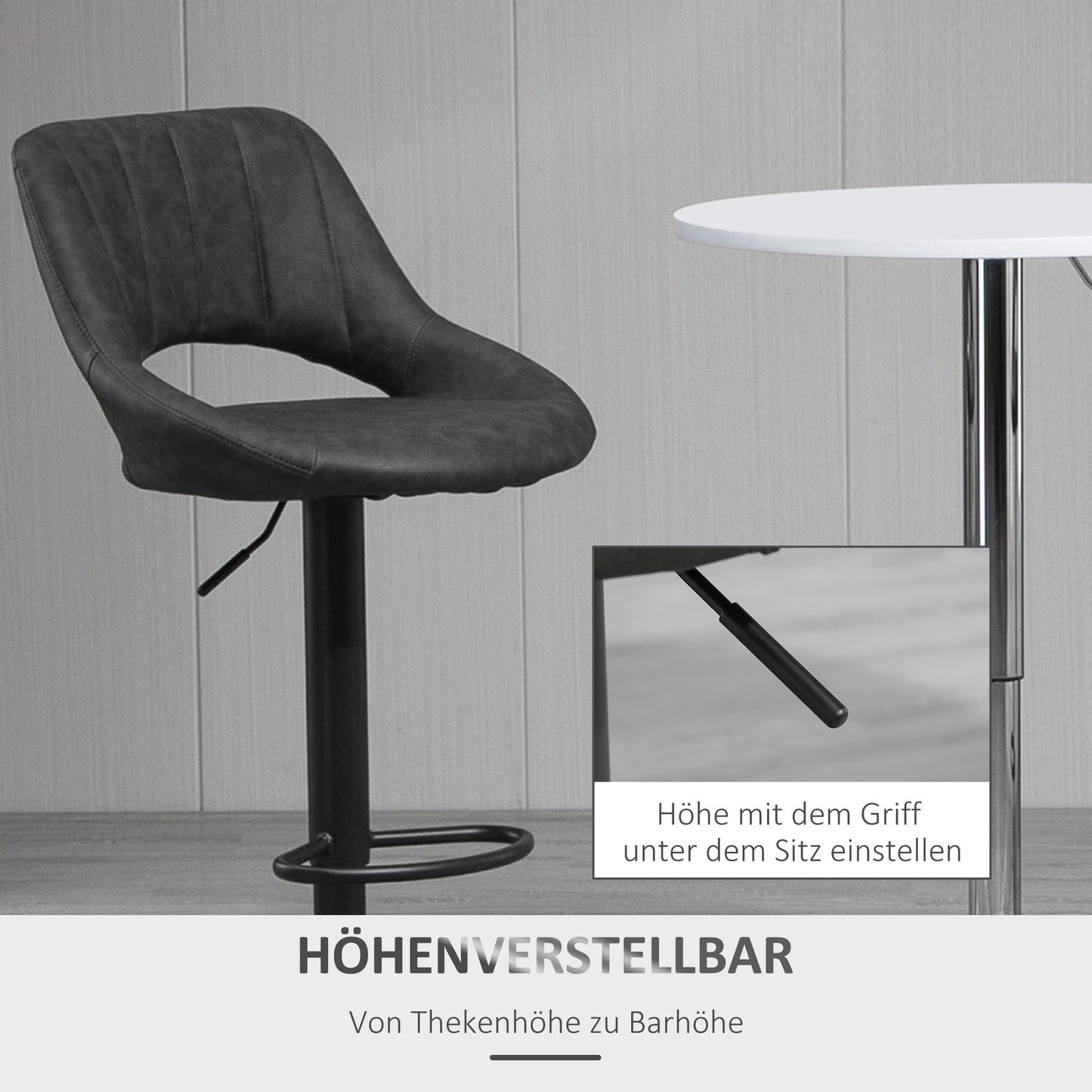 Adjustable barstools in gray leather look, set of 2 - swivel and metal frame