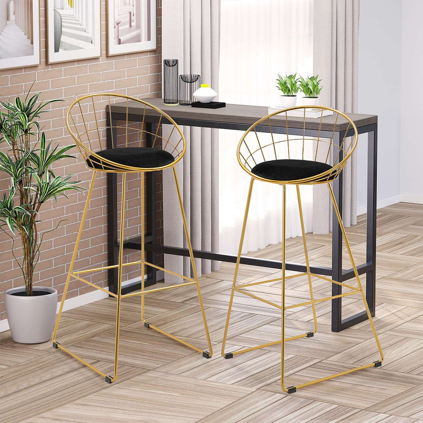 Velvet bar stool set, kitchen stools with backrest, gold/black
