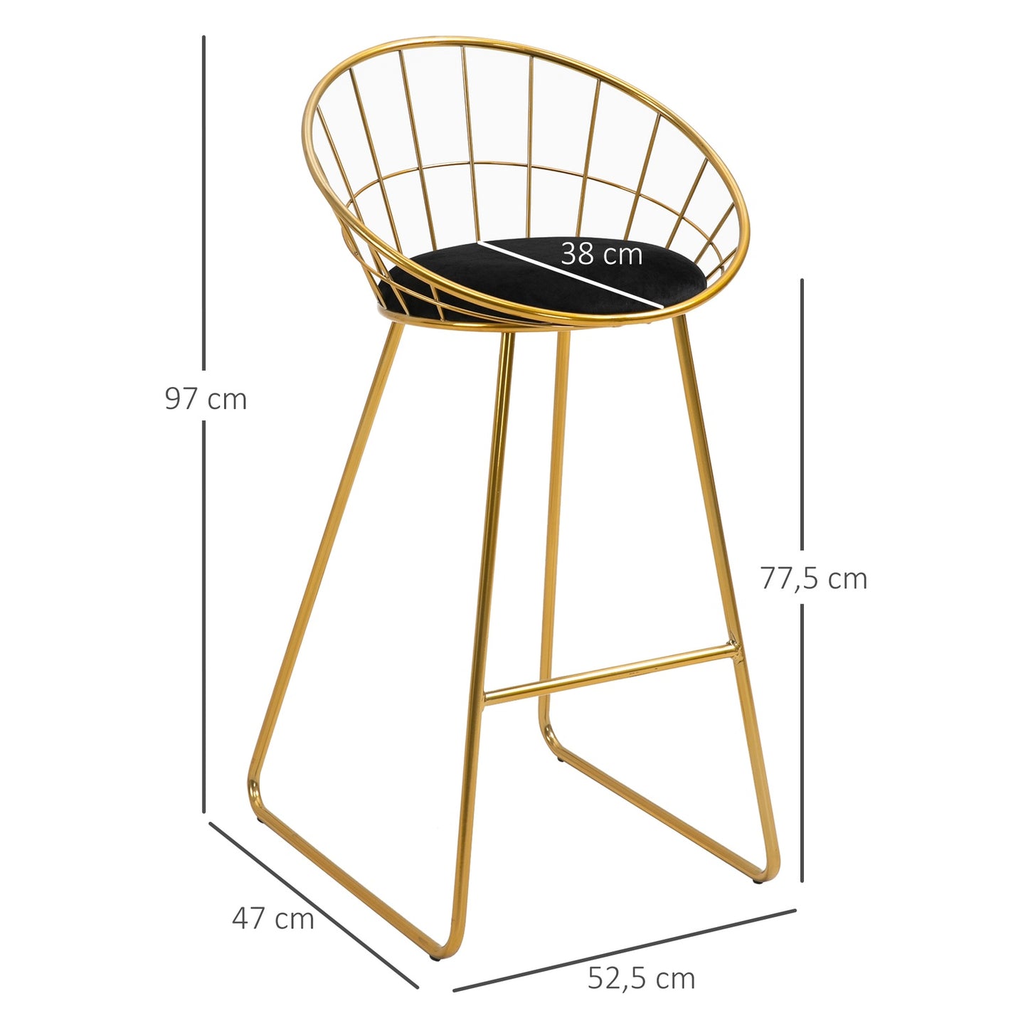 Velvet bar stool set, kitchen stools with backrest, gold/black