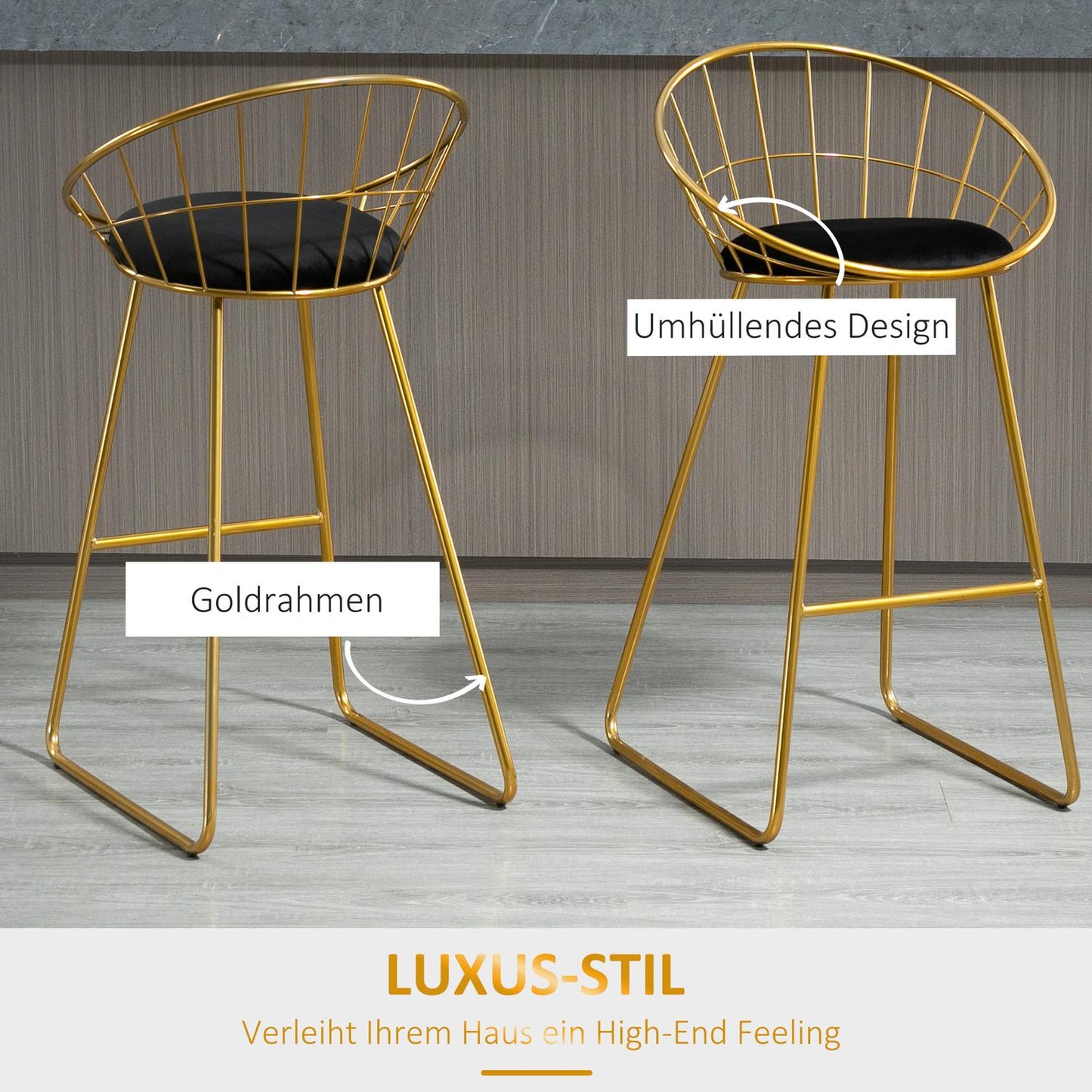 Velvet bar stool set, kitchen stools with backrest, gold/black