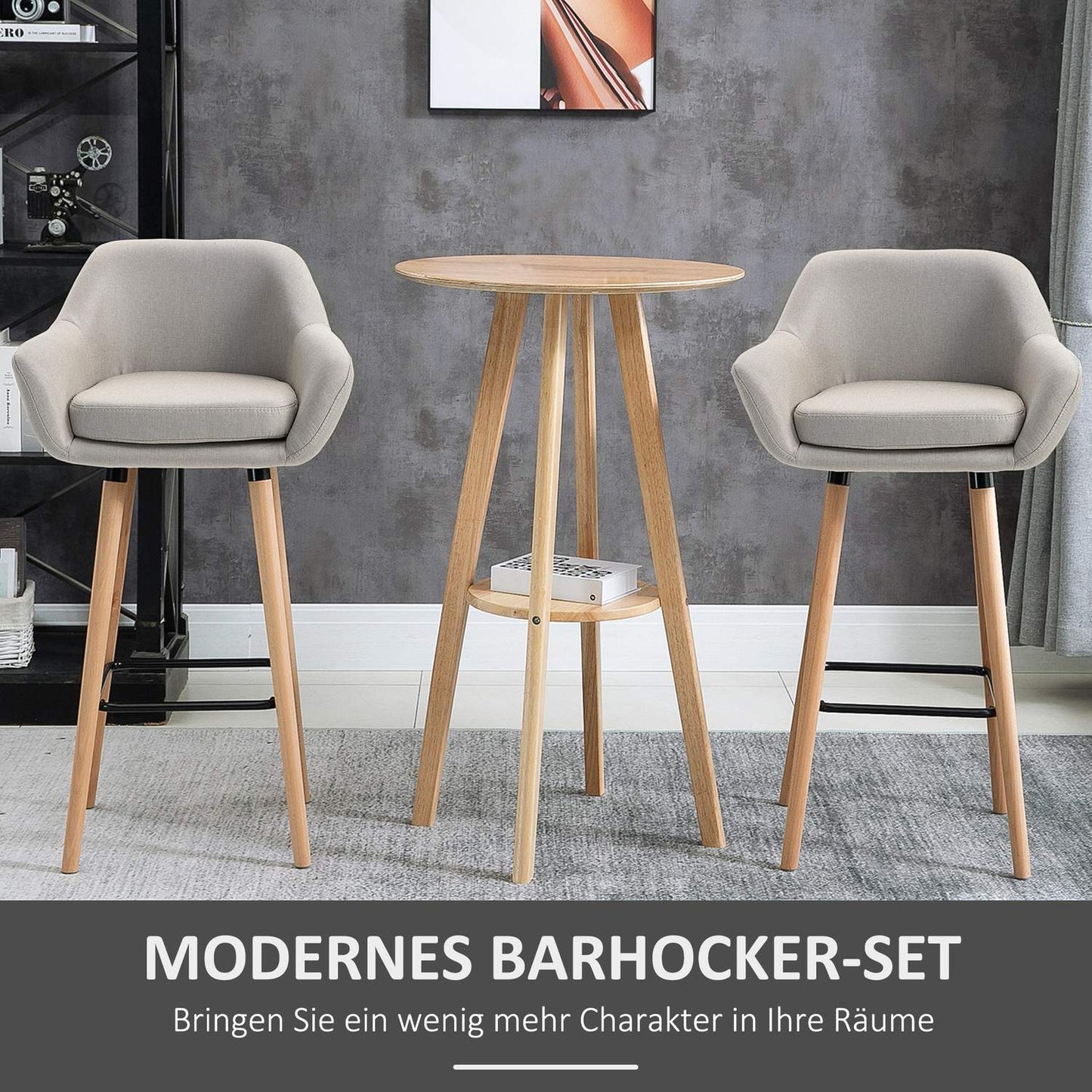 Bar stools Set of 2, linen cushions, beechwood legs, beige