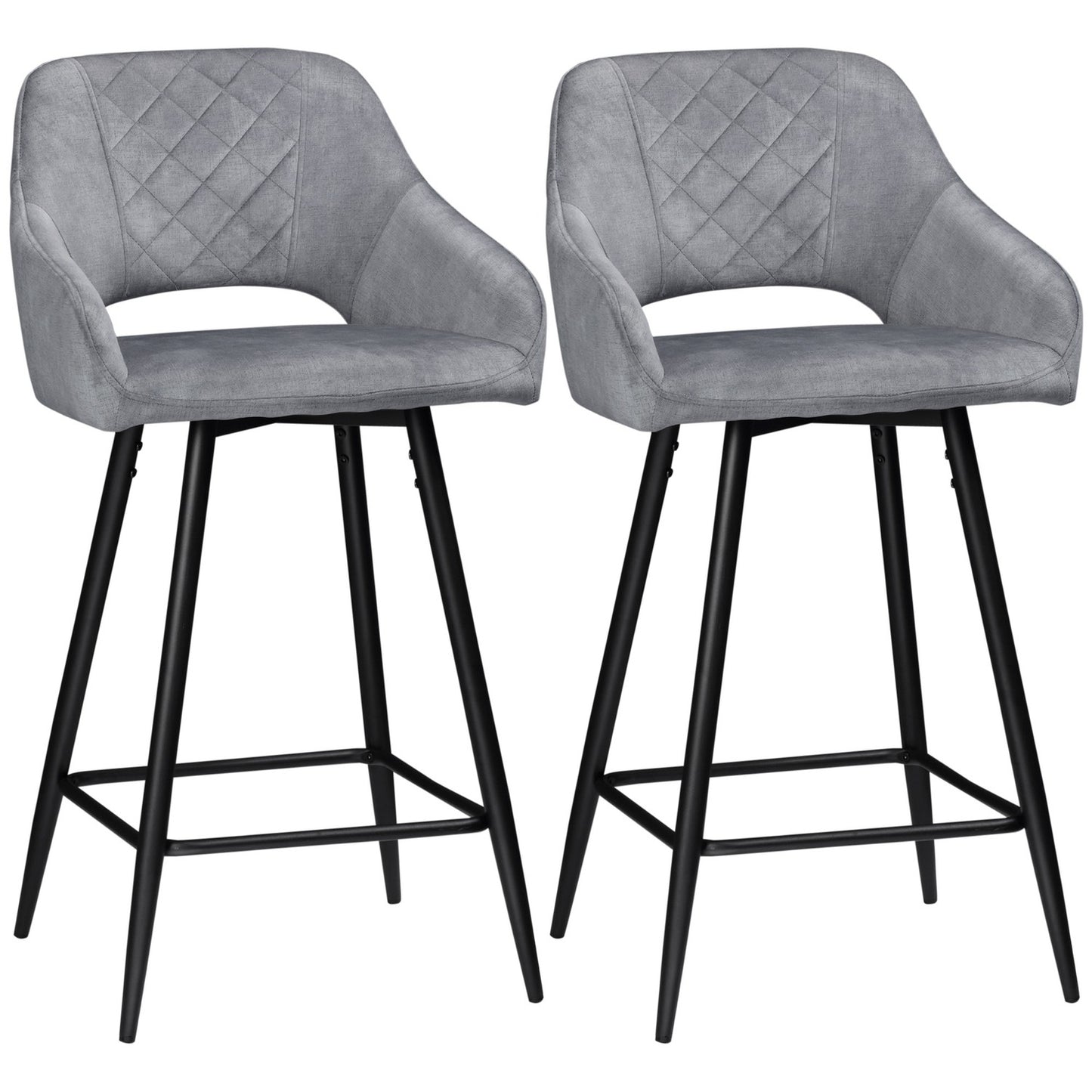 Velvet bar stools Set of 2, steel grey, with footrest