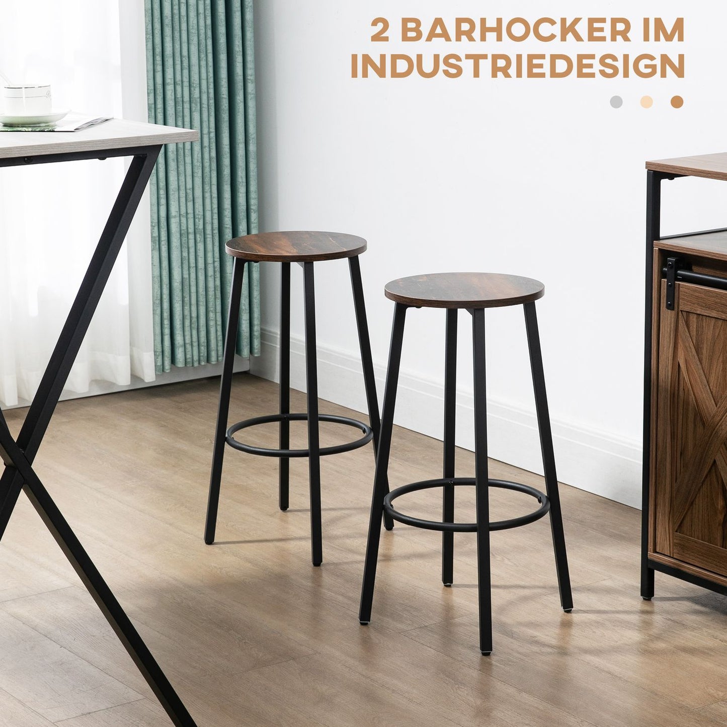 Bar stools, set of 2 - Rustic brown, industrial steel frame