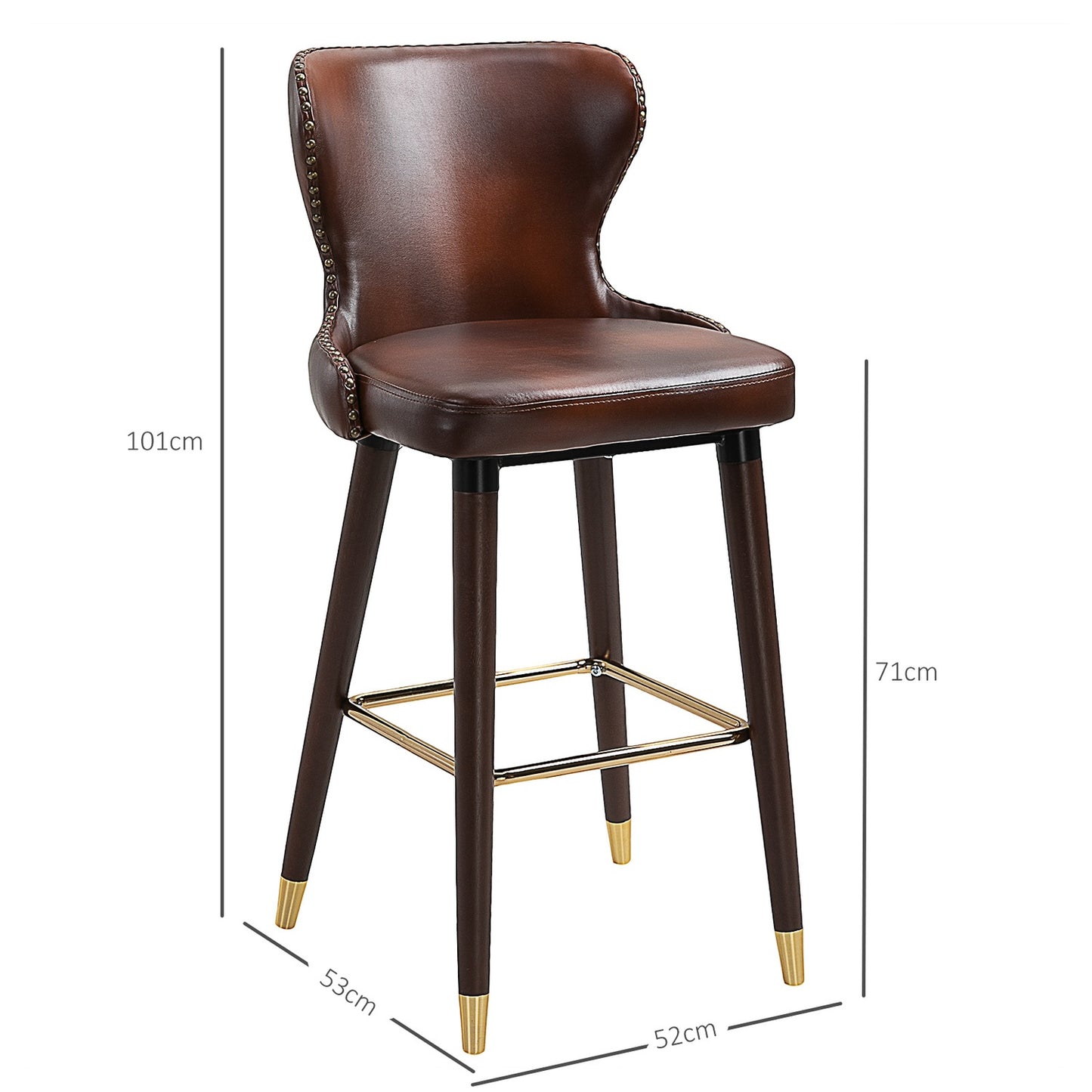 Bar stools Set of 2, PU leather, with backrest and footrest, brown