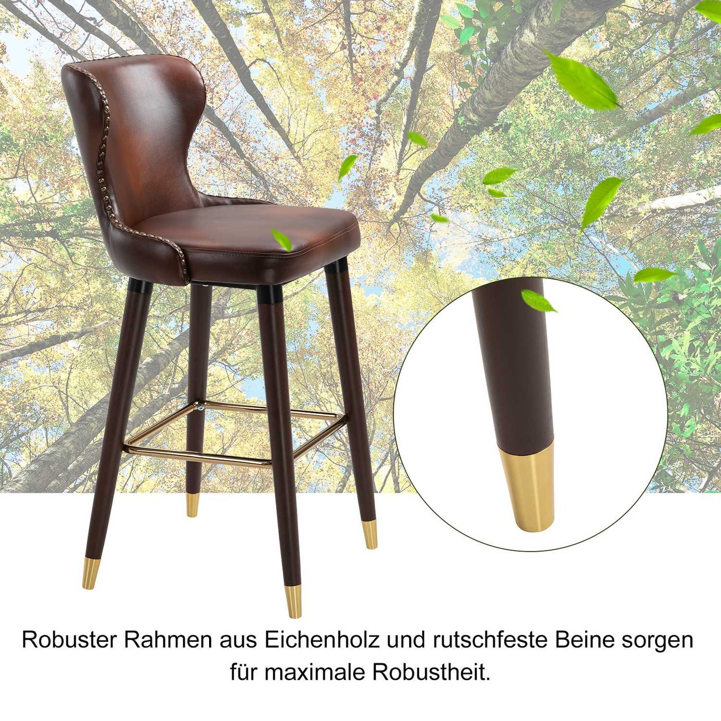 Bar stools Set of 2, PU leather, with backrest and footrest, brown