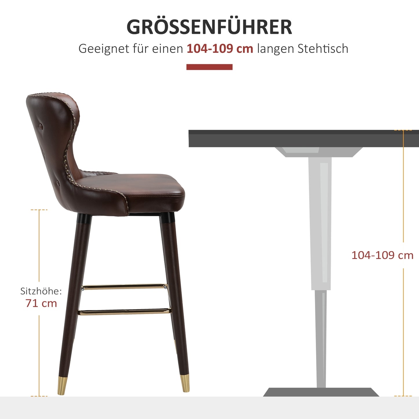Bar stools Set of 2, PU leather, with backrest and footrest, brown