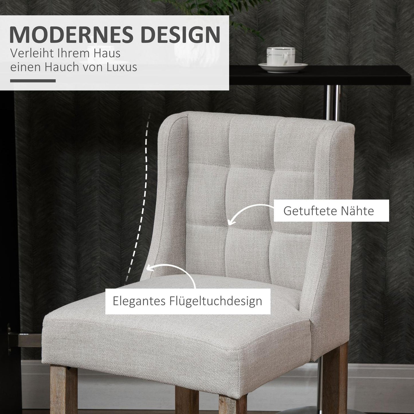 Modern beige bar stools set, low back, linen, 2 pcs