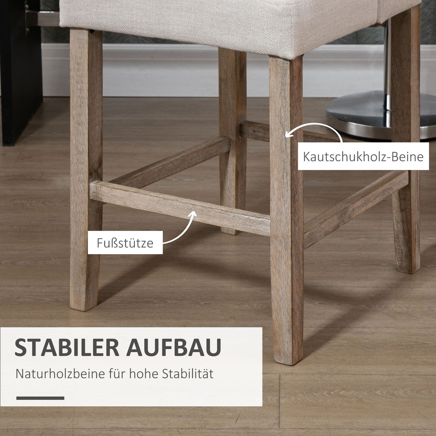 Modern beige bar stools set, low back, linen, 2 pcs