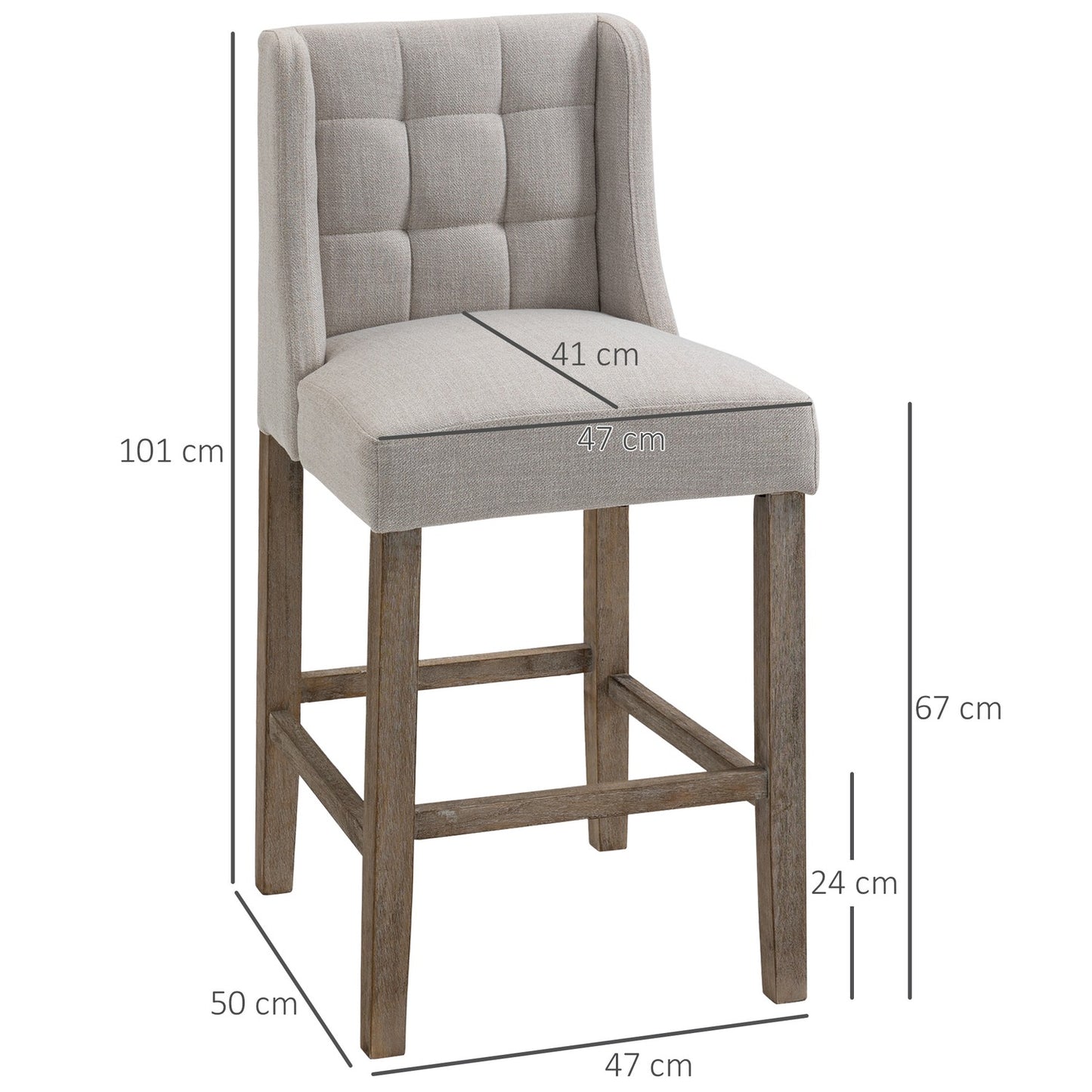 Modern beige bar stools set, low back, linen, 2 pcs
