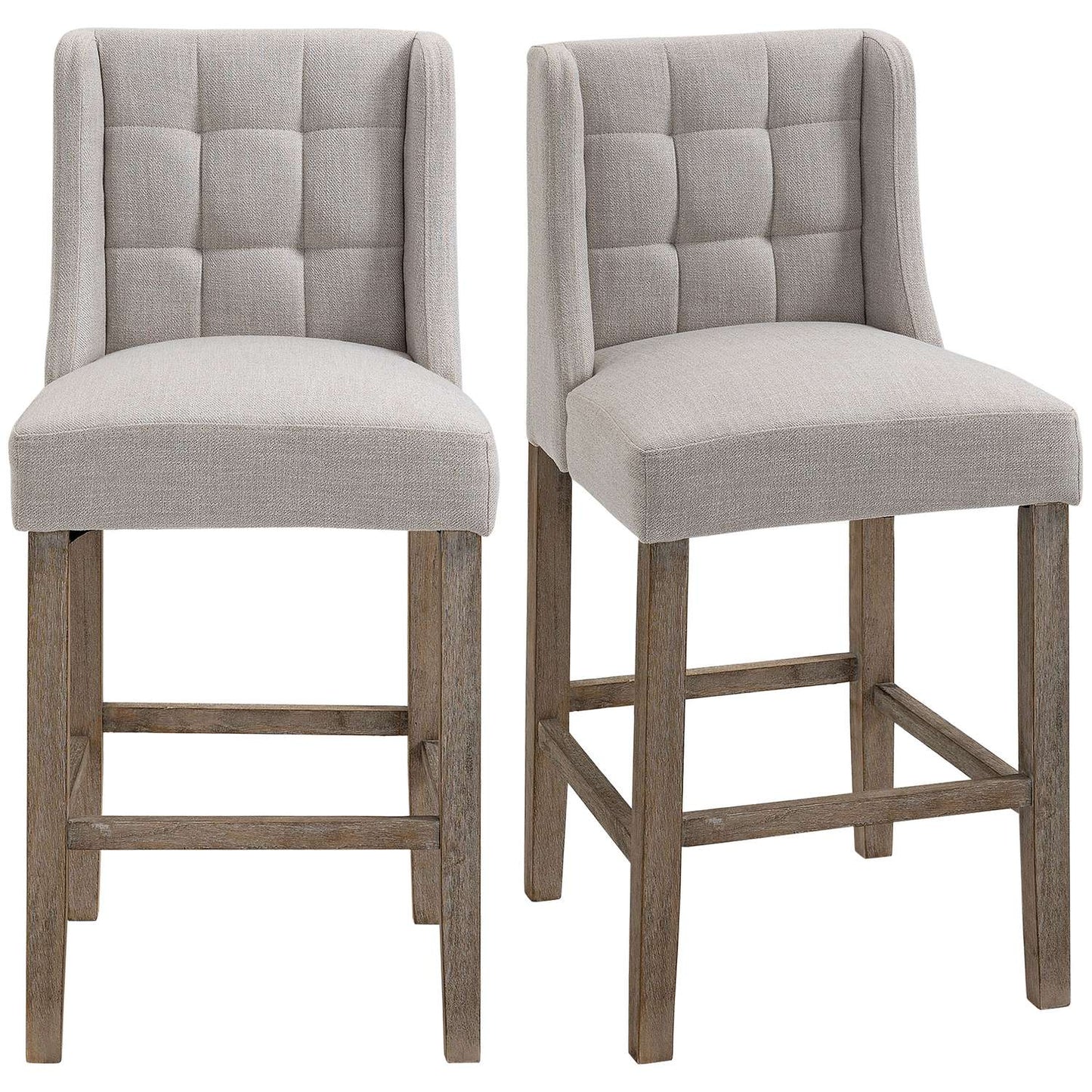 Modern beige bar stools set, low back, linen, 2 pcs