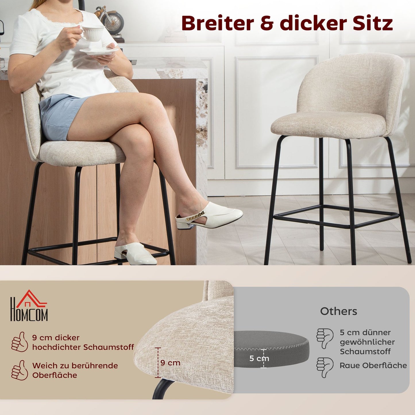 Bar Stools Set of 2, Backrest & Footrest, Beige