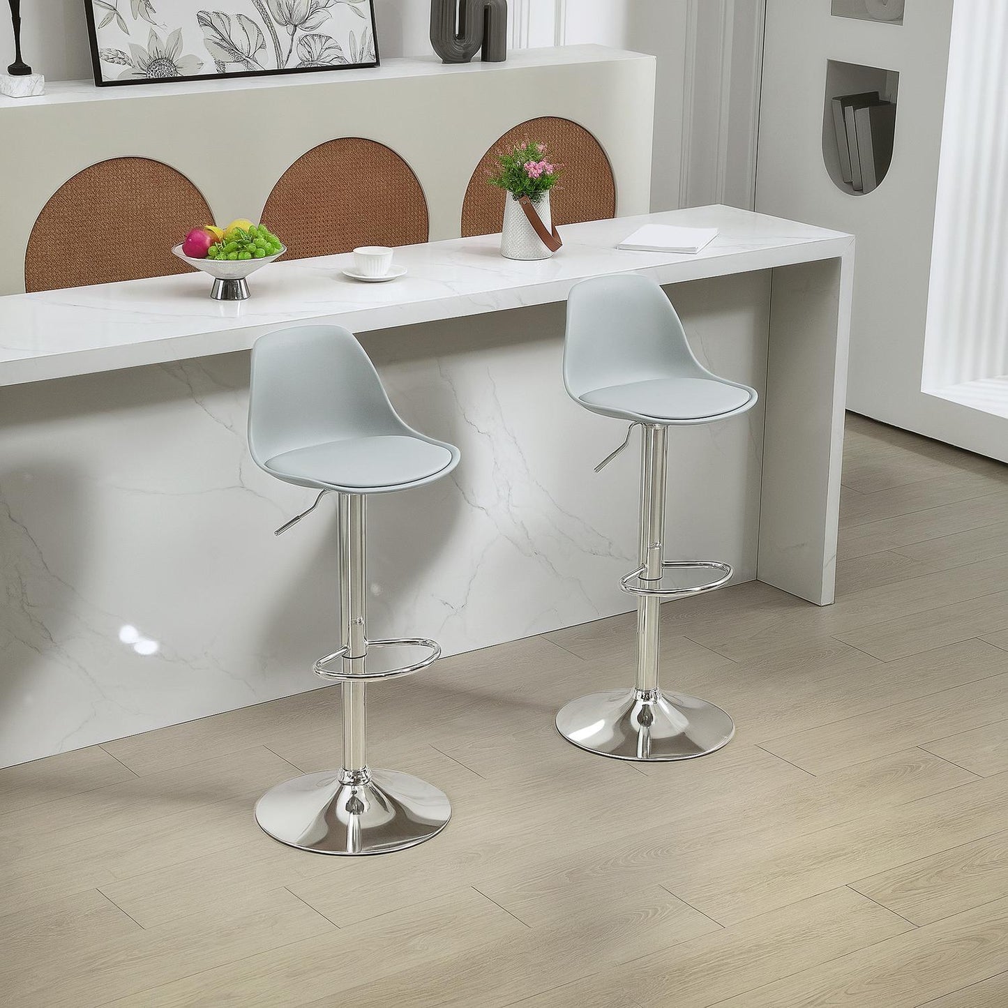 Height-adjustable gray barstools, set of 2, artificial leather