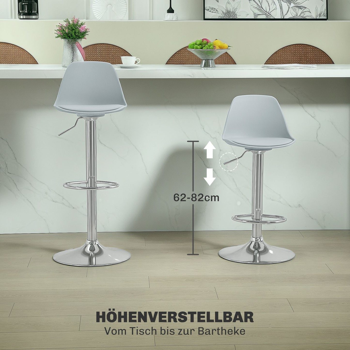 Height-adjustable gray barstools, set of 2, artificial leather