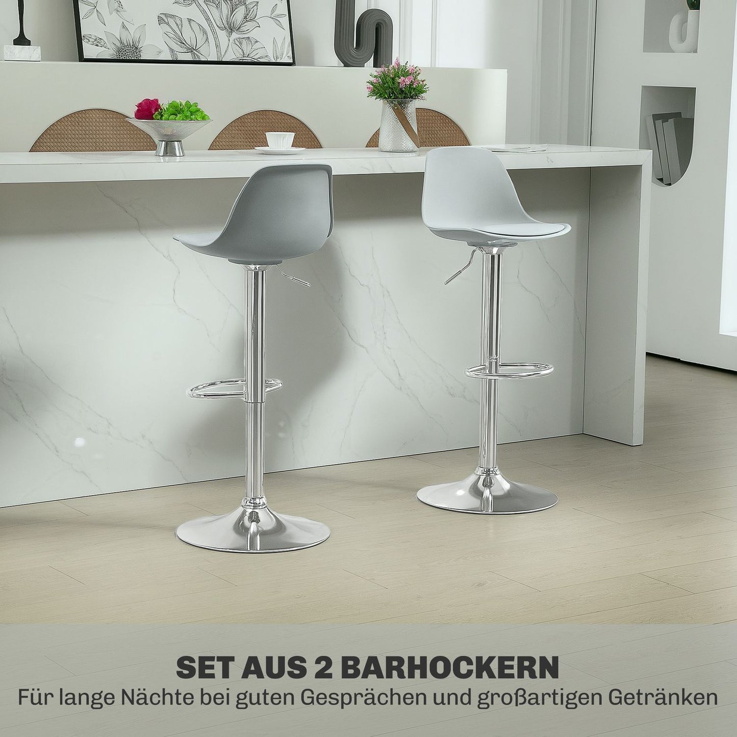 Height-adjustable gray barstools, set of 2, artificial leather