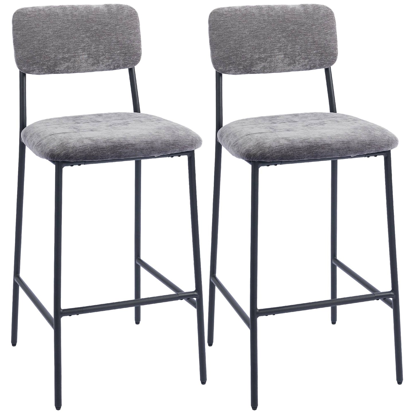Bar Stools Set of 2, Padded, High Back, Grey Fabric, Steel