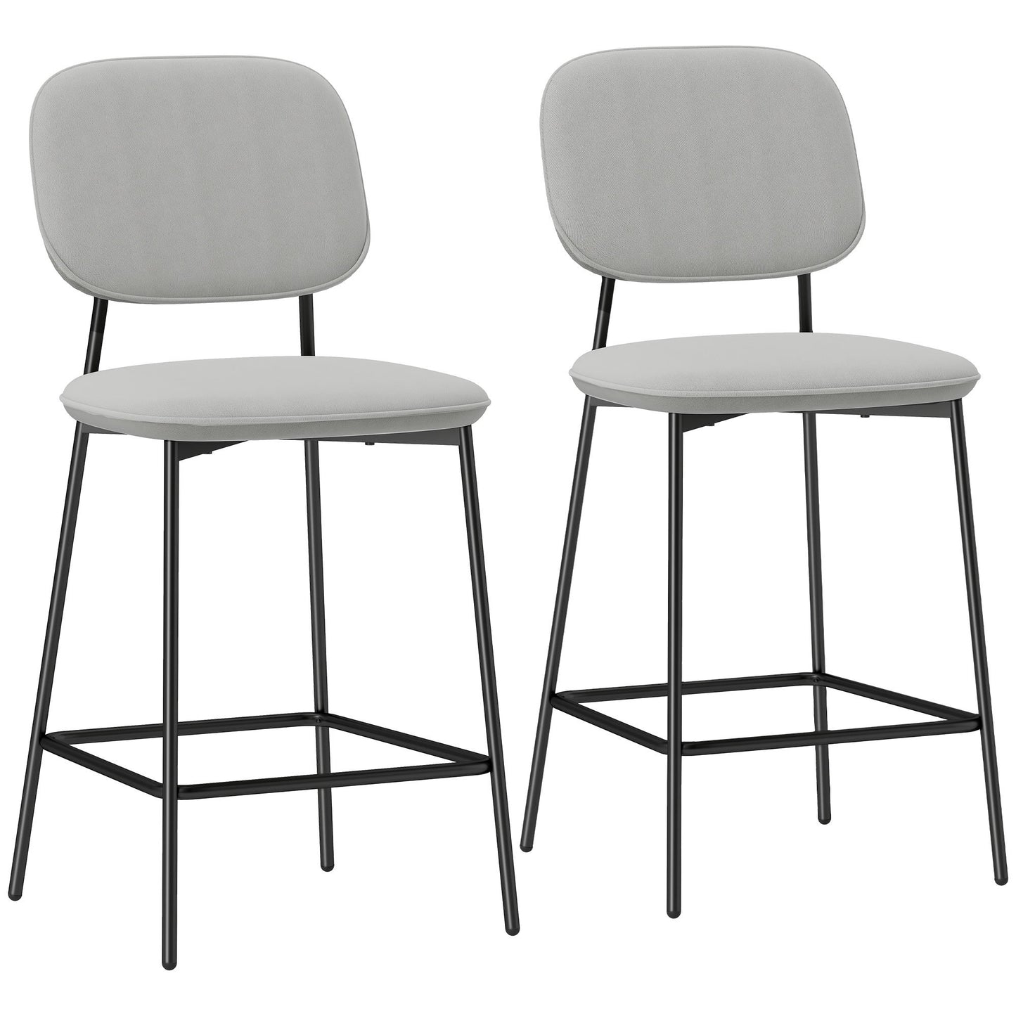 Bar Stools Set of 2, Velvet Upholstery, Steel Legs, Light Grey
