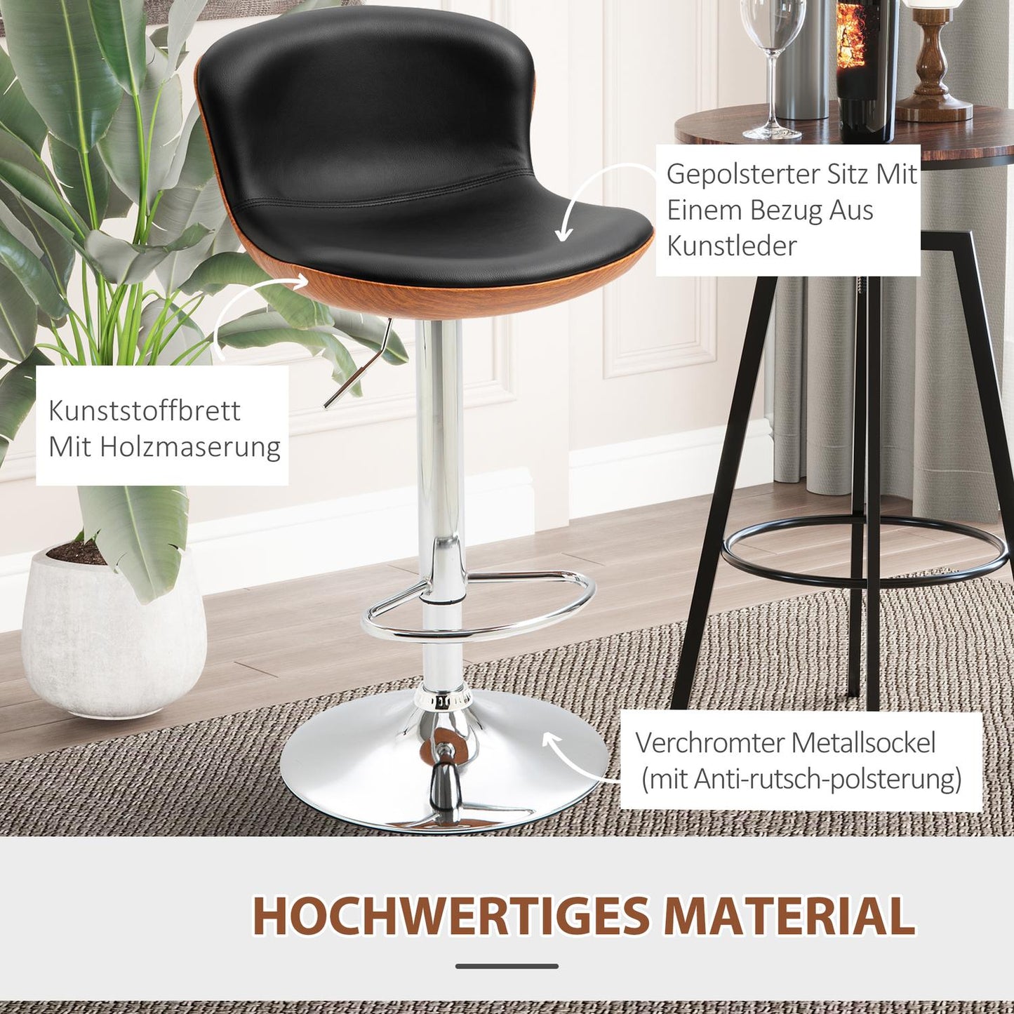 Adjustable black barstools with backrest, set of 2