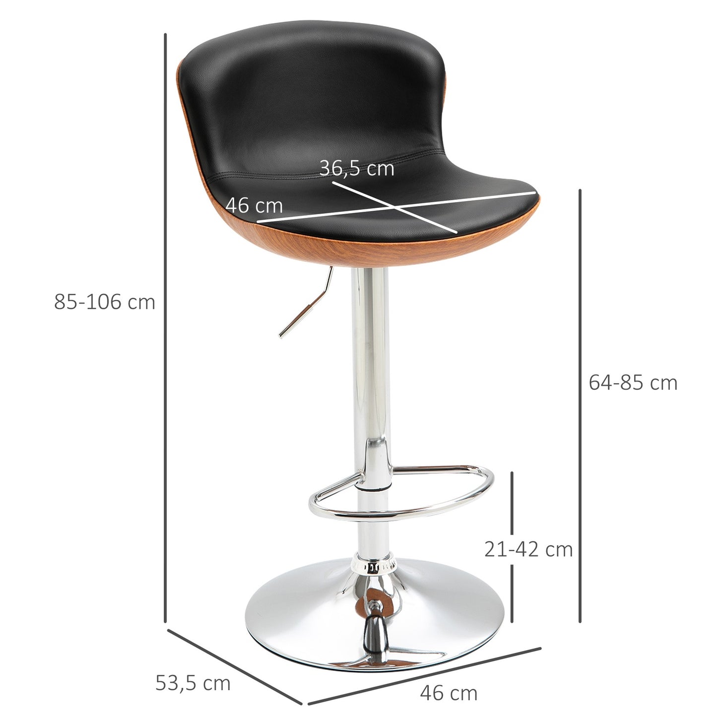 Adjustable black barstools with backrest, set of 2