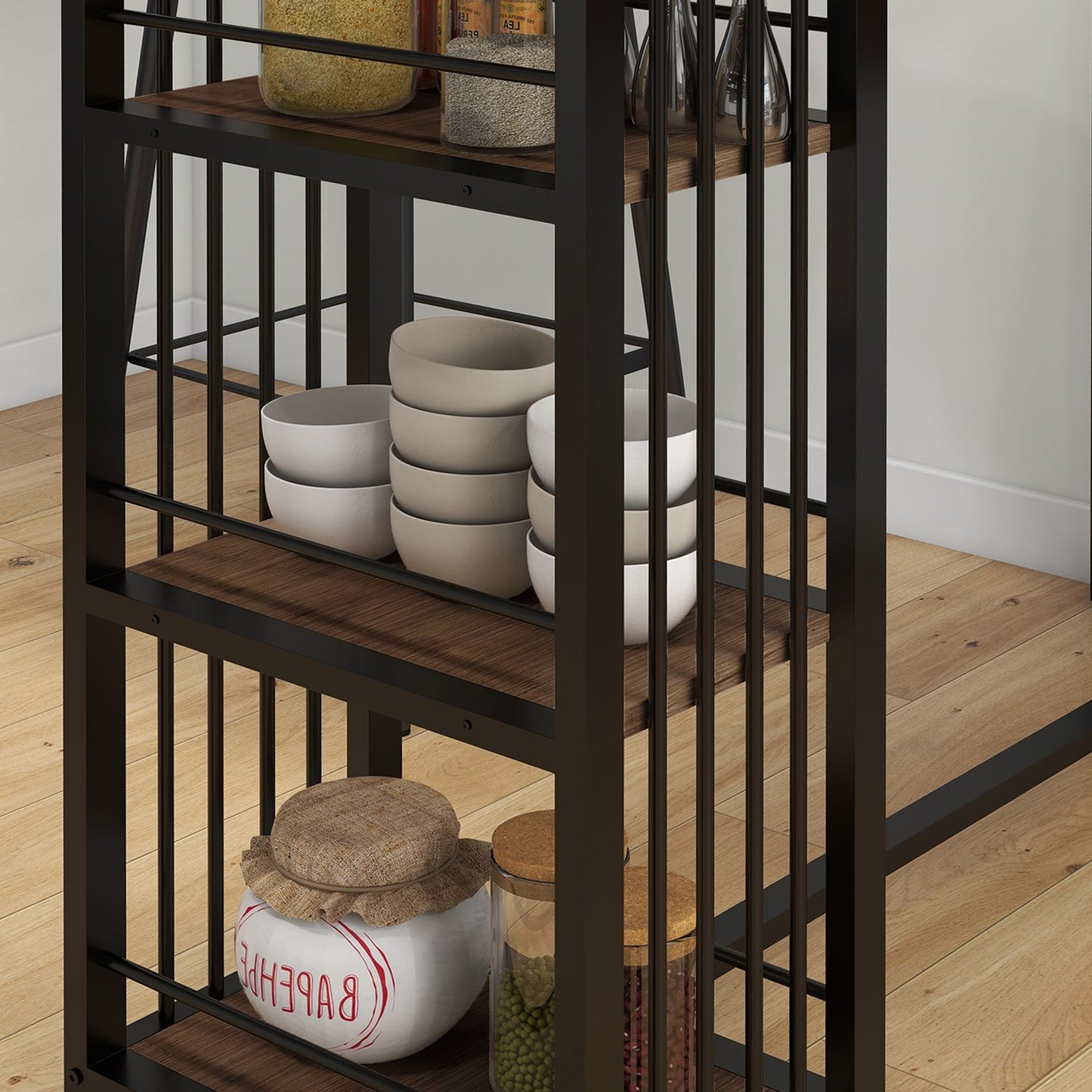 Bar table - wooden look, 3 shelves, steel frame, 120x40x105 cm