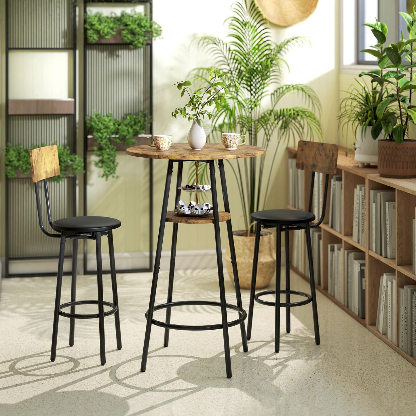 Bar Table Set, 3-Piece, Faux Leather, Brown