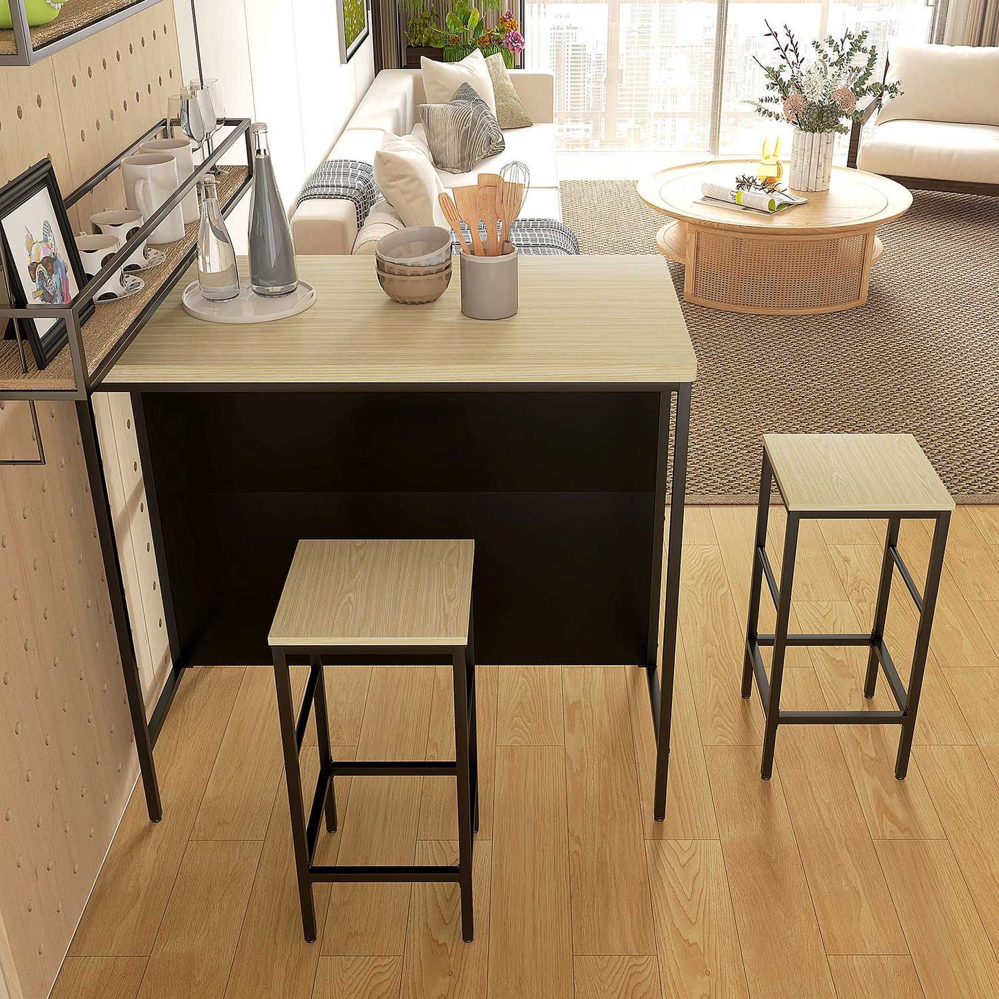 Modern 3-piece bar table set with oak and steel